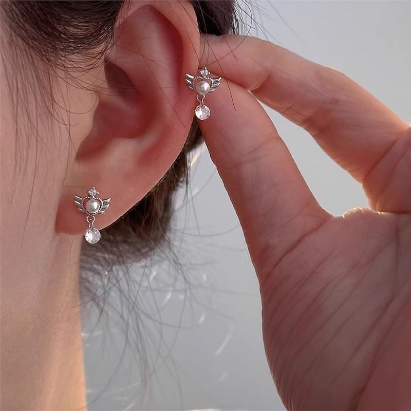 Earring Pearl Drop Faux Alloy Wings