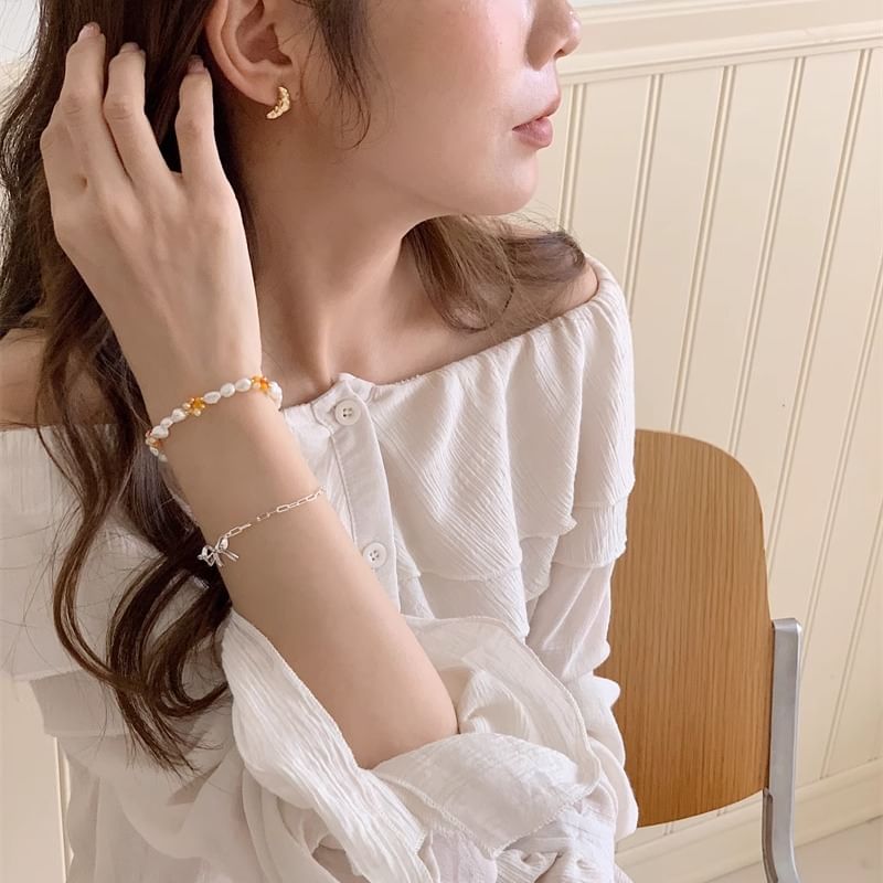 Natural Pearl / Bracelet Sterling Beaded 925 Bow Silver
