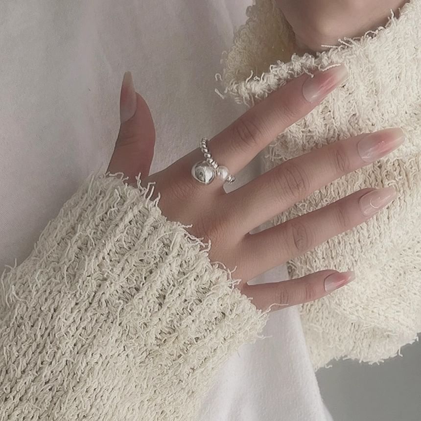 Ring Beaded Faux Sterling Elastic Silver 925 Pearl