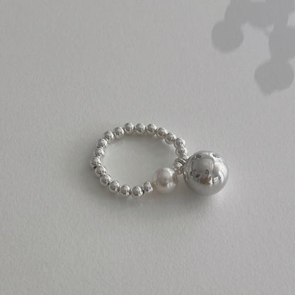 Ring Beaded Faux Sterling Elastic Silver 925 Pearl