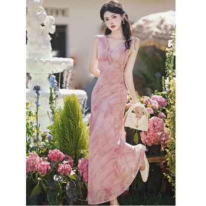 Sleeveless V-Neck Floral Maxi A-Line Sundress / Cardigan / Set