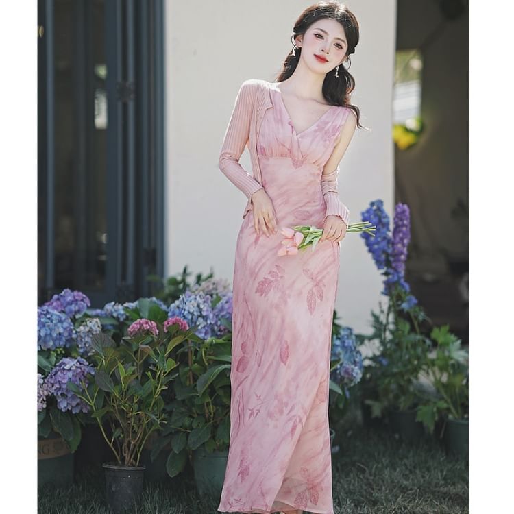Sleeveless V-Neck Floral Maxi A-Line Sundress / Cardigan / Set