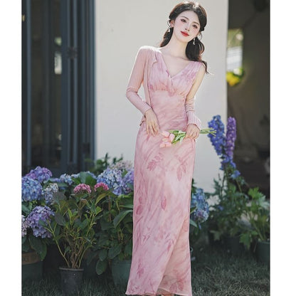 Sleeveless V-Neck Floral Maxi A-Line Sundress / Cardigan / Set