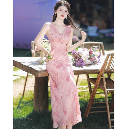 Sleeveless V-Neck Floral Maxi A-Line Sundress / Cardigan / Set