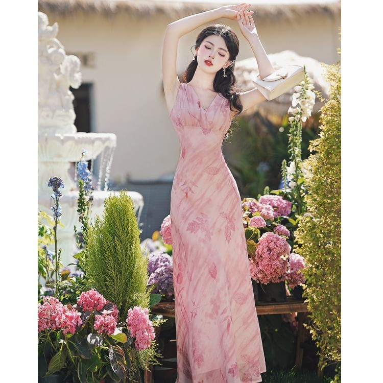 Sleeveless V-Neck Floral Maxi A-Line Sundress / Cardigan / Set