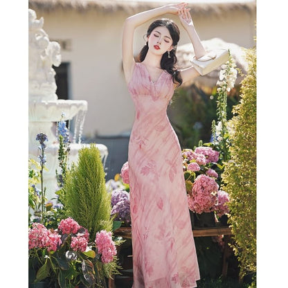 Sleeveless V-Neck Floral Maxi A-Line Sundress / Cardigan / Set