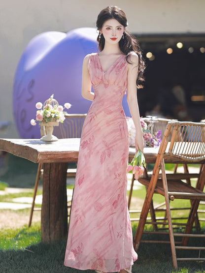 Sleeveless V-Neck Floral Maxi A-Line Sundress / Cardigan / Set