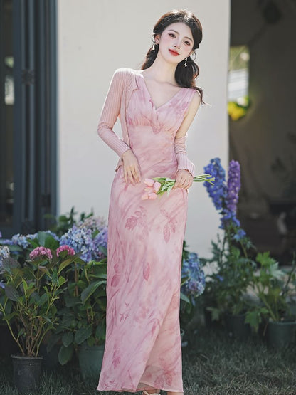 Sleeveless V-Neck Floral Maxi A-Line Sundress / Cardigan / Set