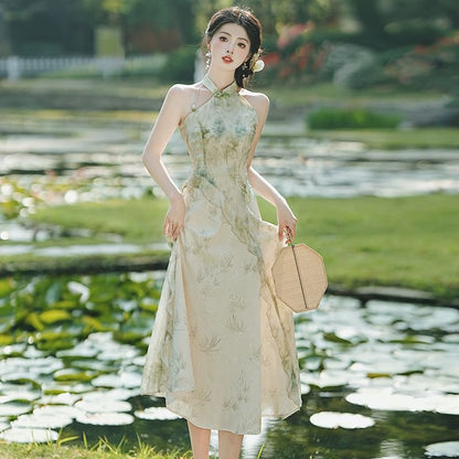 Halter Print Ruffle Trim Midi A-Line Qipao / Ruffle Trim Open Front Light Jacket / Set