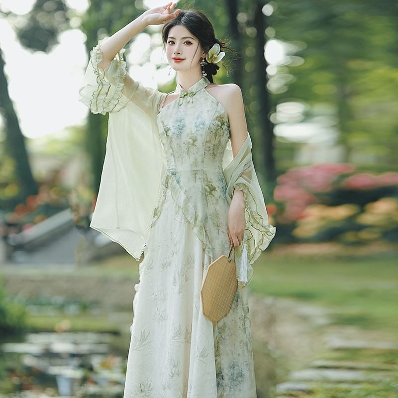 Halter Print Ruffle Trim Midi A-Line Qipao / Ruffle Trim Open Front Light Jacket / Set