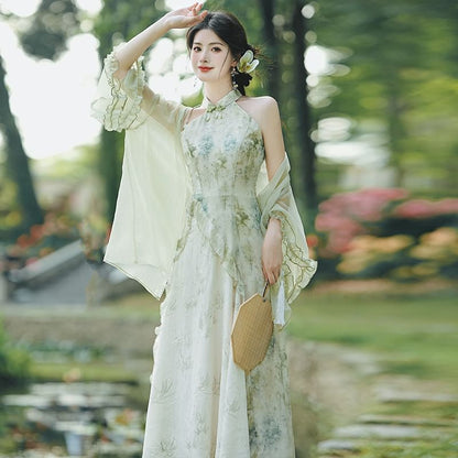 Halter Print Ruffle Trim Midi A-Line Qipao / Ruffle Trim Open Front Light Jacket / Set