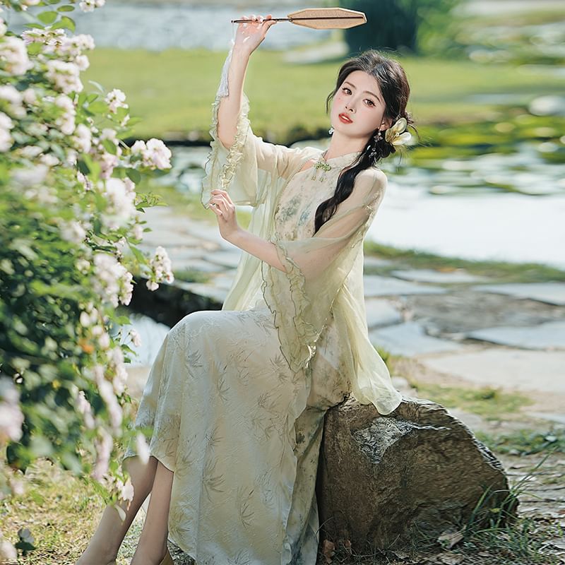 Halter Print Ruffle Trim Midi A-Line Qipao / Ruffle Trim Open Front Light Jacket / Set