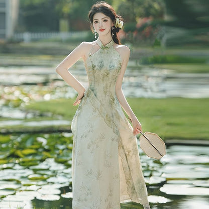 Halter Print Ruffle Trim Midi A-Line Qipao / Ruffle Trim Open Front Light Jacket / Set