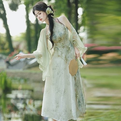 Halter Print Ruffle Trim Midi A-Line Qipao / Ruffle Trim Open Front Light Jacket / Set