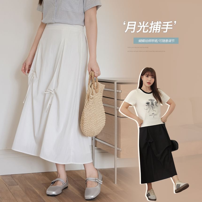 Plus Size High Rise Plain Bow Maxi A-Line Skirt