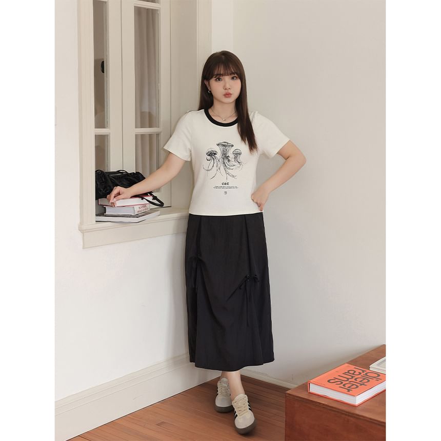 Plus Size High Rise Plain Bow Maxi A-Line Skirt