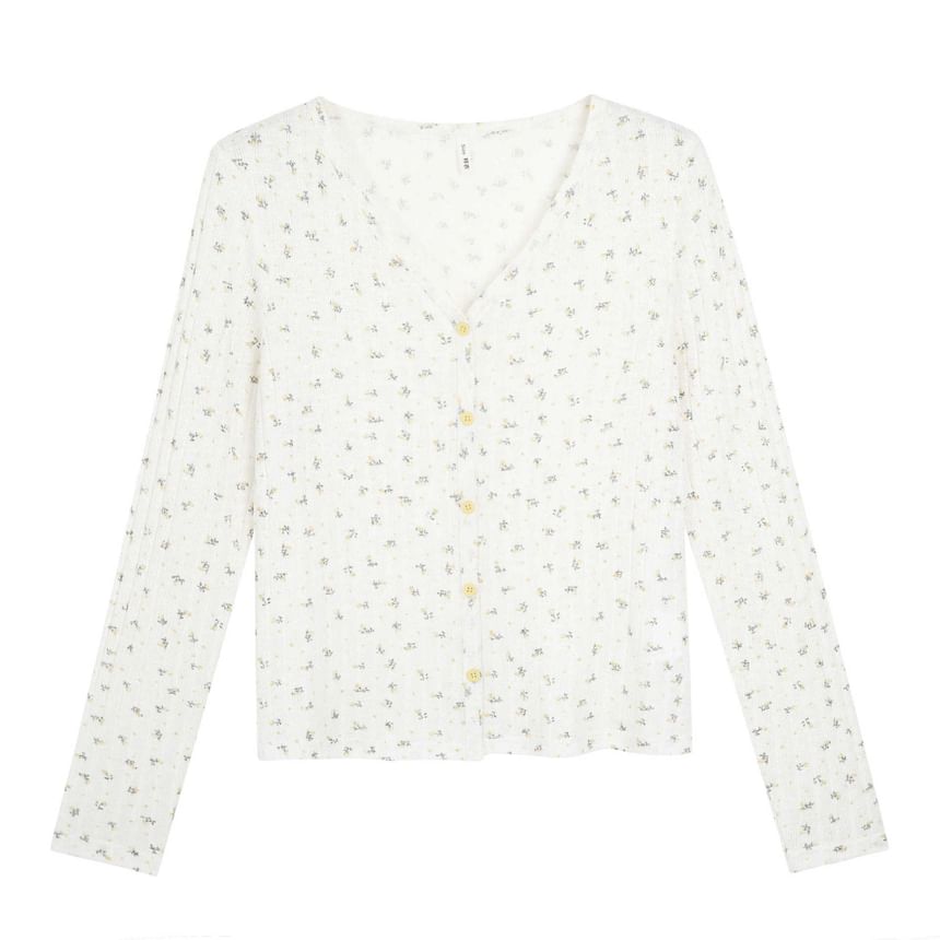 Plus Size V-Neck Floral Ribbed Cardigan