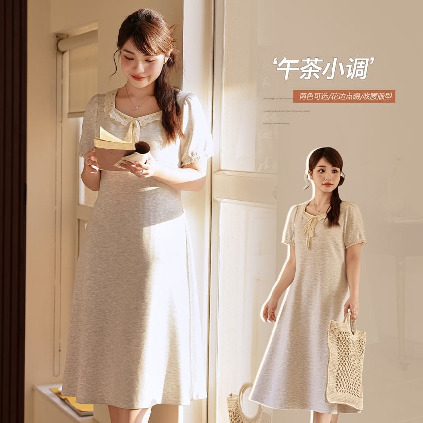 Plus Size Short-Sleeve Square Neck Plain Lace Trim Midi A-Line Dress