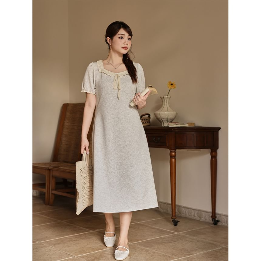 Plus Size Short-Sleeve Square Neck Plain Lace Trim Midi A-Line Dress