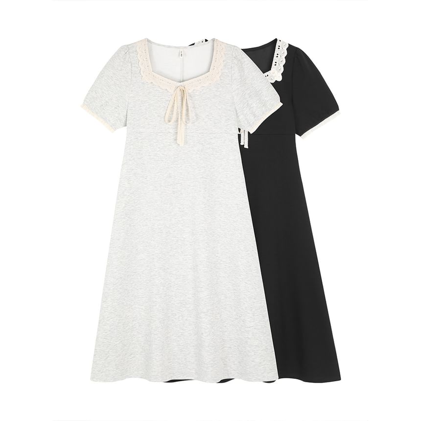 Plus Size Short-Sleeve Square Neck Plain Lace Trim Midi A-Line Dress