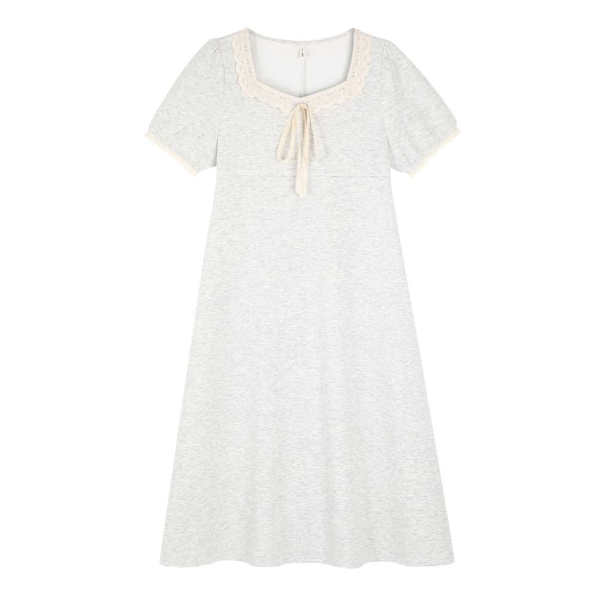 Plus Size Short-Sleeve Square Neck Plain Lace Trim Midi A-Line Dress