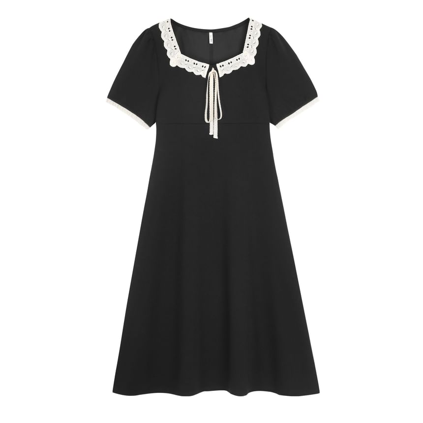 Plus Size Short-Sleeve Square Neck Plain Lace Trim Midi A-Line Dress