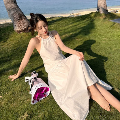 Spaghetti Strap Halter Neck Backless Crisscross Plain Maxi A-Line Dress