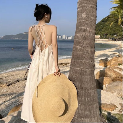 Spaghetti Strap Halter Neck Backless Crisscross Plain Maxi A-Line Dress