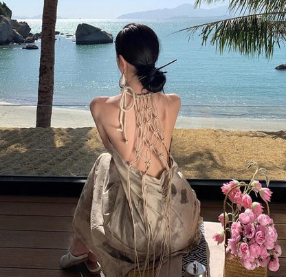 Spaghetti Strap Halter Neck Backless Crisscross Plain Maxi A-Line Dress