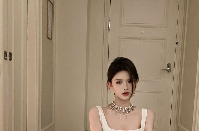 Sleeveless Square Neck Plain Midi Party Dress