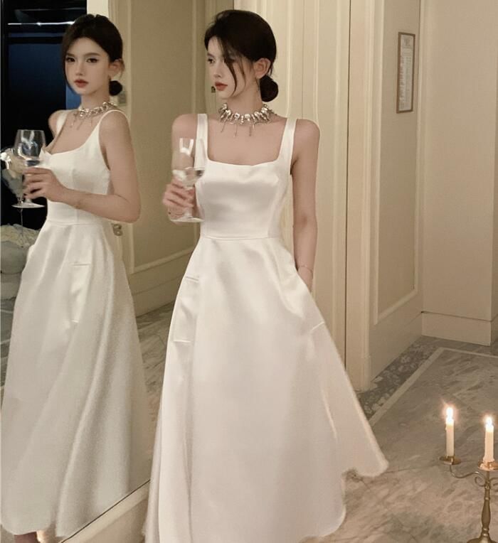 Sleeveless Square Neck Plain Midi Party Dress