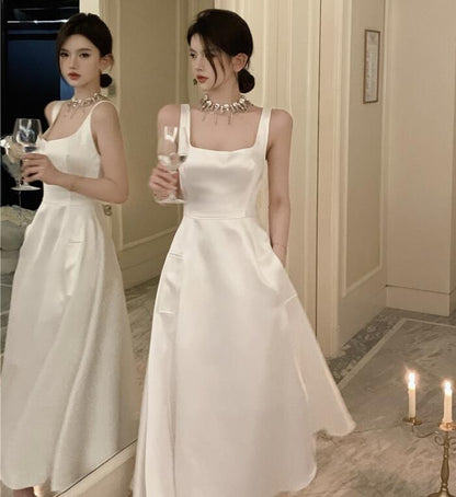 Sleeveless Square Neck Plain Midi Party Dress