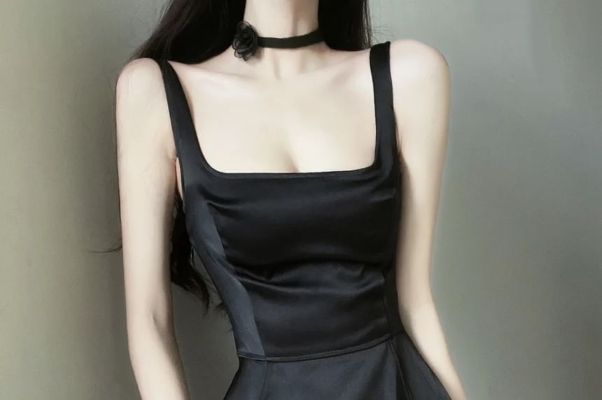 Sleeveless Square Neck Plain Midi Party Dress