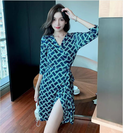 Short-Sleeve V-Neck Patterned Wrap Midi A-Line Dress