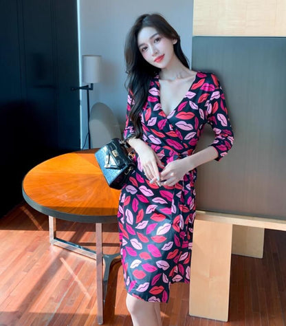 Short-Sleeve V-Neck Patterned Wrap Midi A-Line Dress