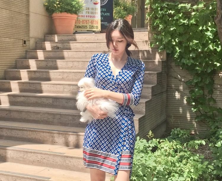 Short-Sleeve V-Neck Patterned Wrap Midi A-Line Dress