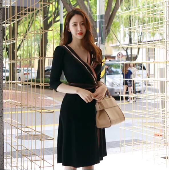 Short-Sleeve V-Neck Patterned Wrap Midi A-Line Dress