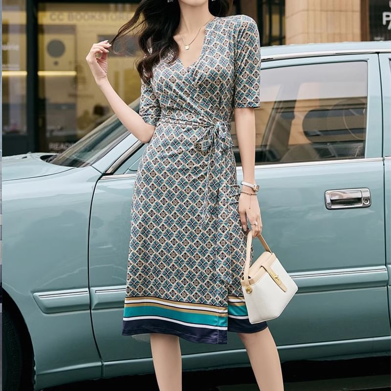 Short-Sleeve V-Neck Patterned Wrap Midi A-Line Dress