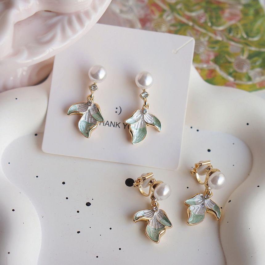 Drop Flower Rhinestone Pearl Faux Earring Clip-On /
