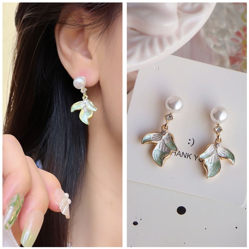 Drop Flower Rhinestone Pearl Faux Earring Clip-On /