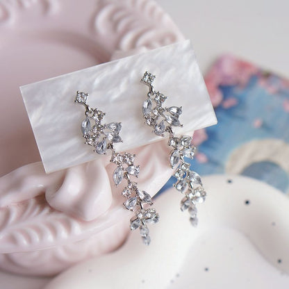 Rhinestone Leaf Drop Earring Clip-On /