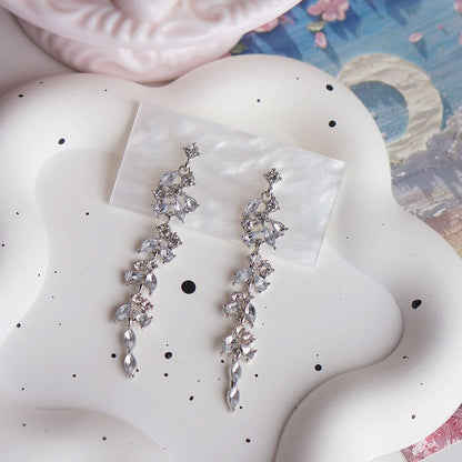 Rhinestone Leaf Drop Earring Clip-On /