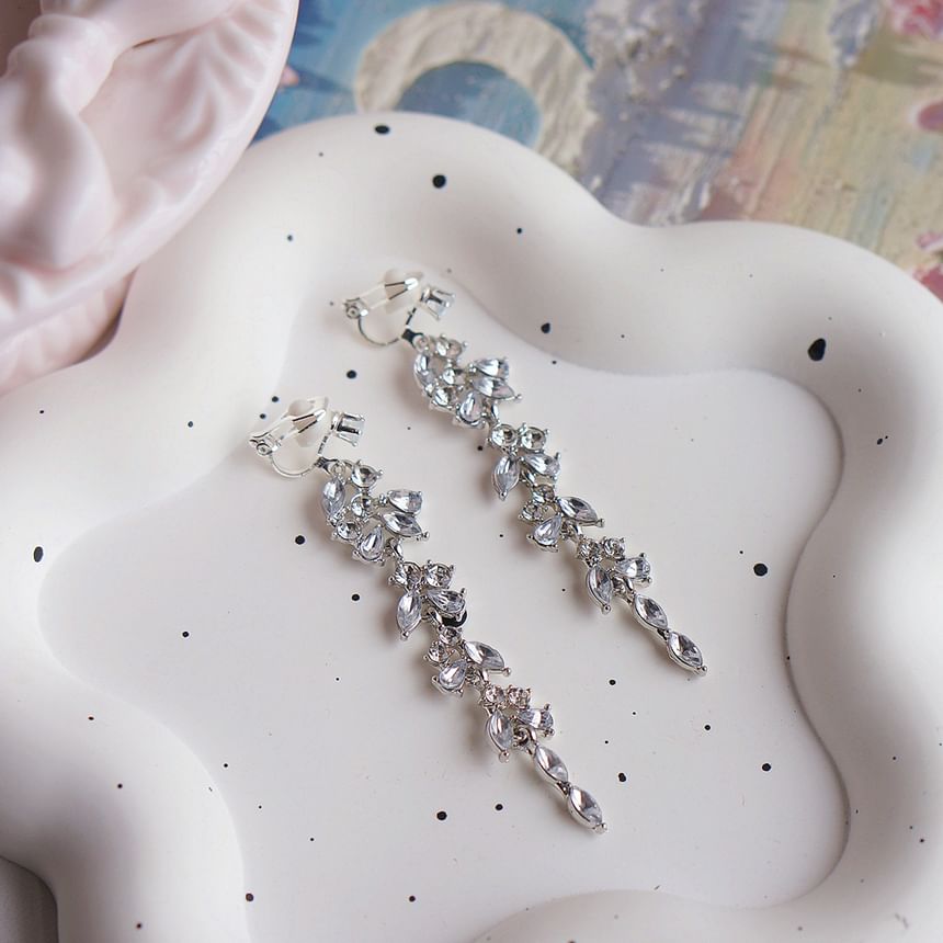 Rhinestone Leaf Drop Earring Clip-On /