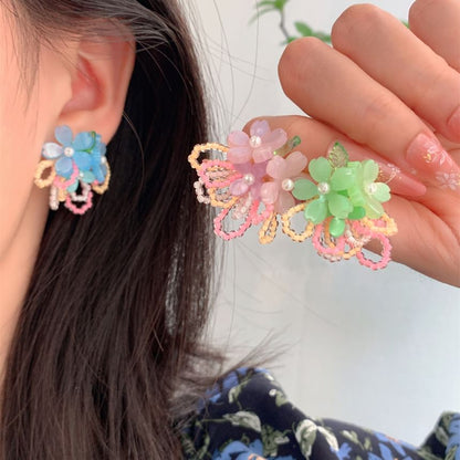 Earring Clip-On / Flower Beaded Faux Ear Stud Pearl