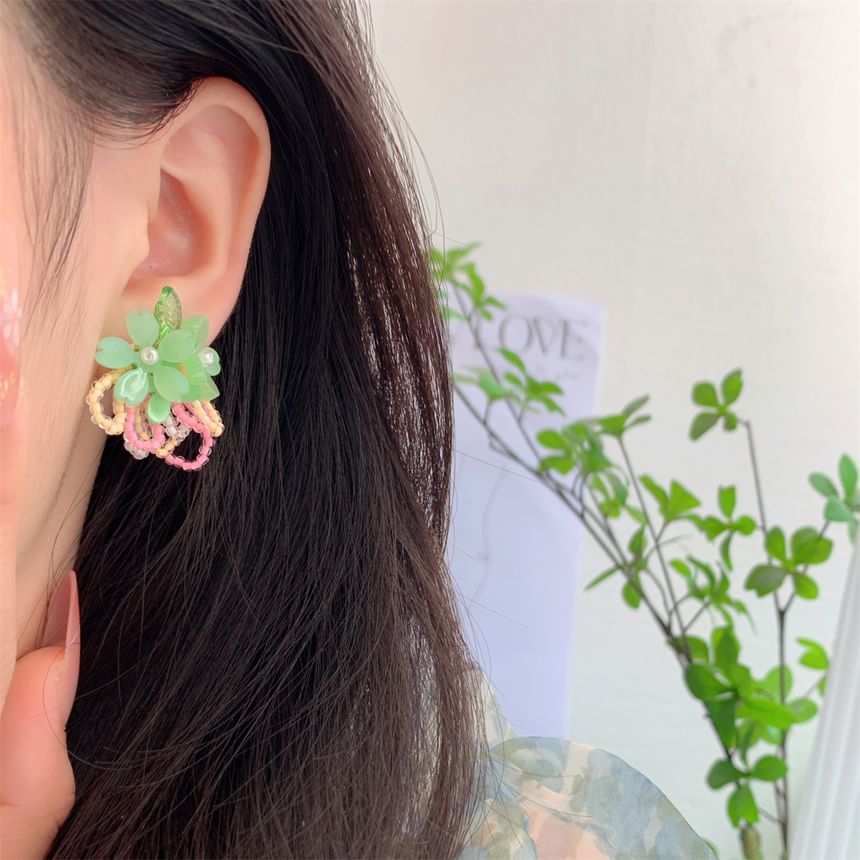 Earring Clip-On / Flower Beaded Faux Ear Stud Pearl