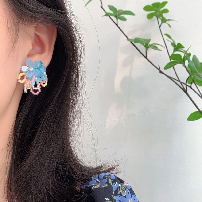 Earring Clip-On / Flower Beaded Faux Ear Stud Pearl