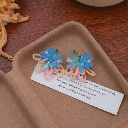 Earring Clip-On / Flower Beaded Faux Ear Stud Pearl