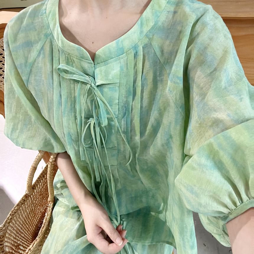 3/4 Sleeve Notch Neck Gradient Tie Front Blouse / High Waist Maxi A-Line Skirt / Set