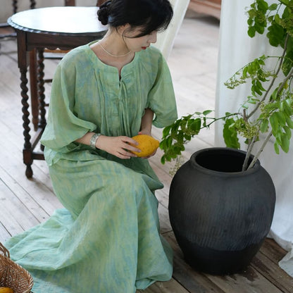 3/4 Sleeve Notch Neck Gradient Tie Front Blouse / High Waist Maxi A-Line Skirt / Set