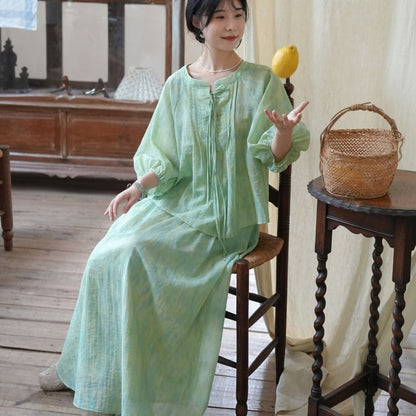 3/4 Sleeve Notch Neck Gradient Tie Front Blouse / High Waist Maxi A-Line Skirt / Set